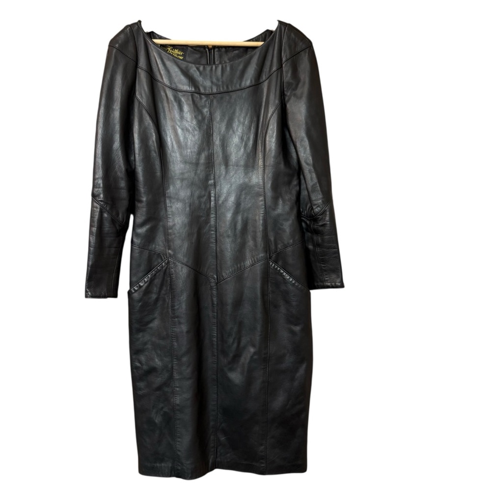 Vintage H&S Leather Shop Genuine Leather Boat Neck Size 8 w Pockets Long Sleeve‎